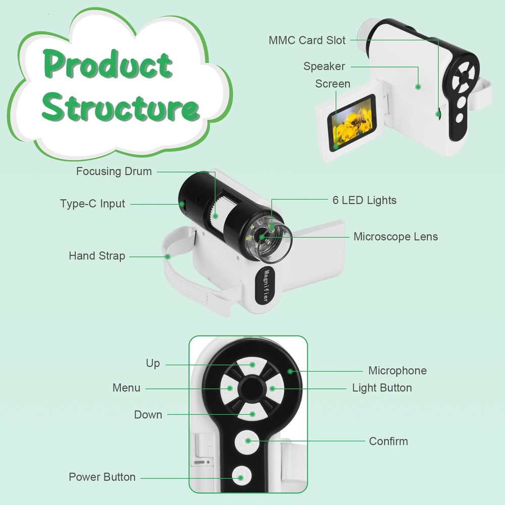 1000X Handheld Microscope for Kids Screen Rechargeable Mini Pocket Digital