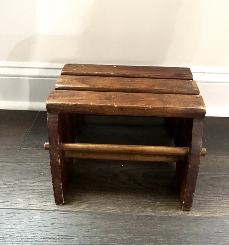Vintage Handcrafted Oak Wood Step Stool Primitive Distressed Solid Foot Bench