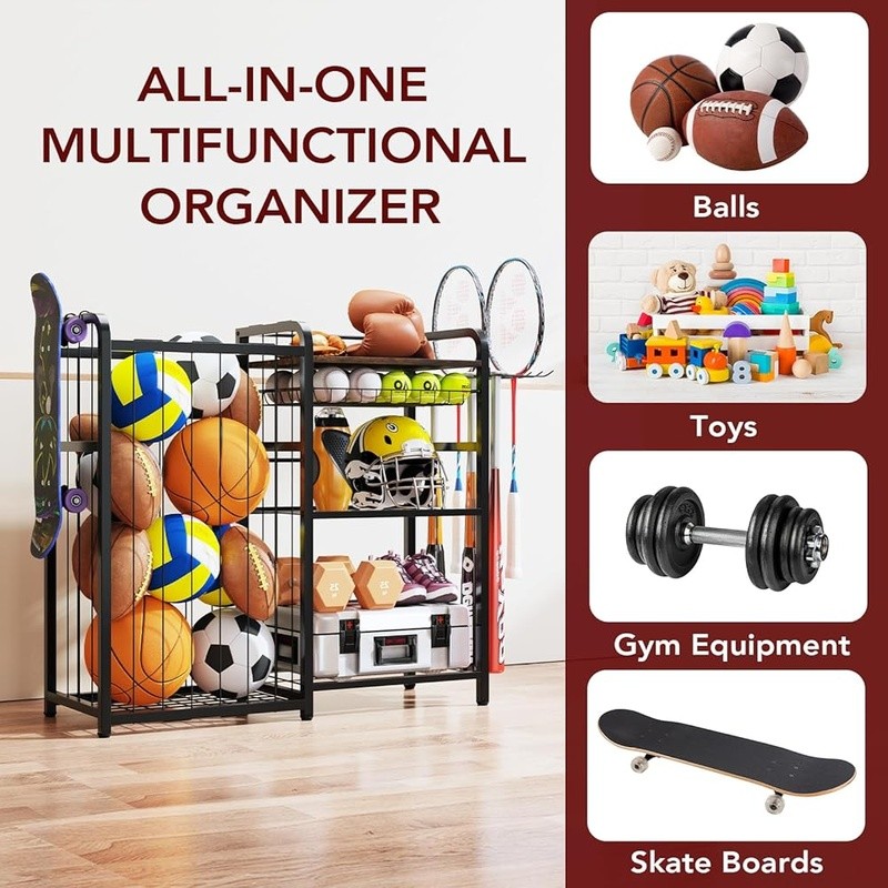 Garage Sports Ball Storage Rack W/ Pull-out Basket & Multi-Function Hooks New