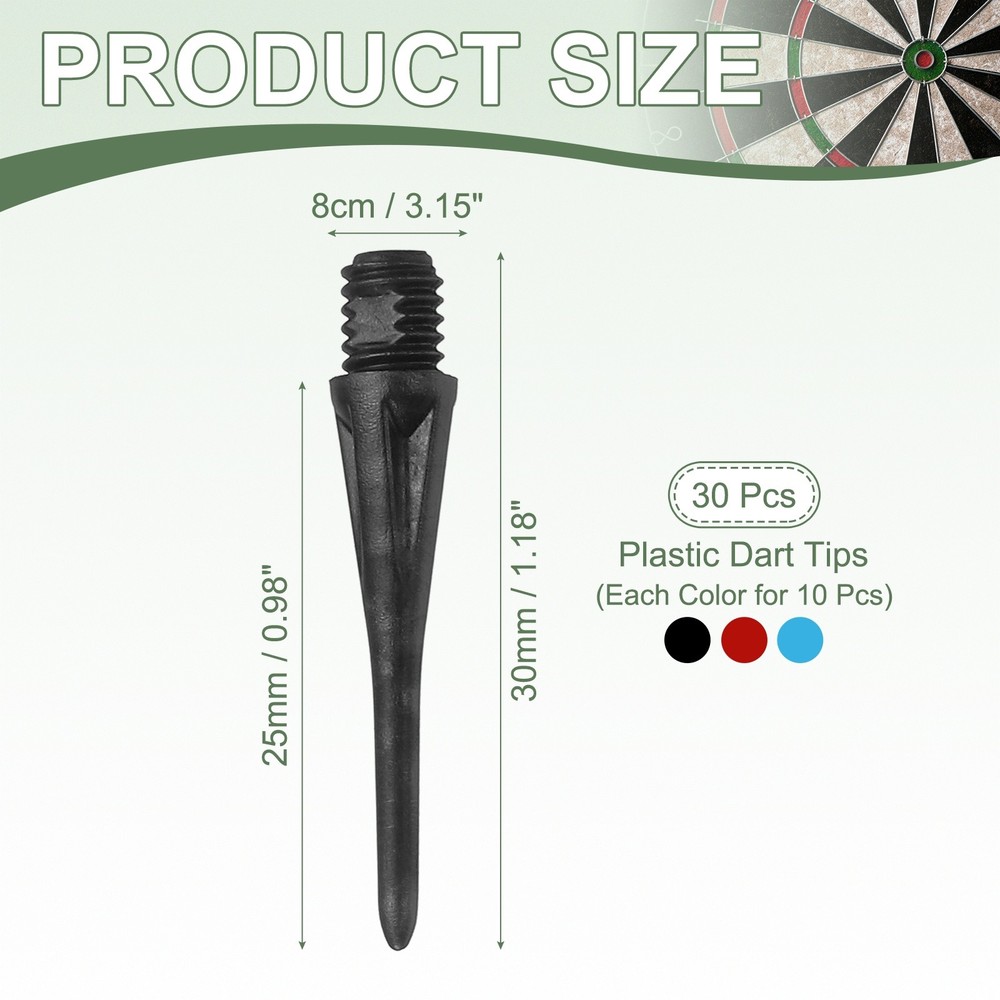 Plastic Dart Tips, 2BA Thread Soft Tip Dart Accessories 30 Pack & Black/Red/Blue