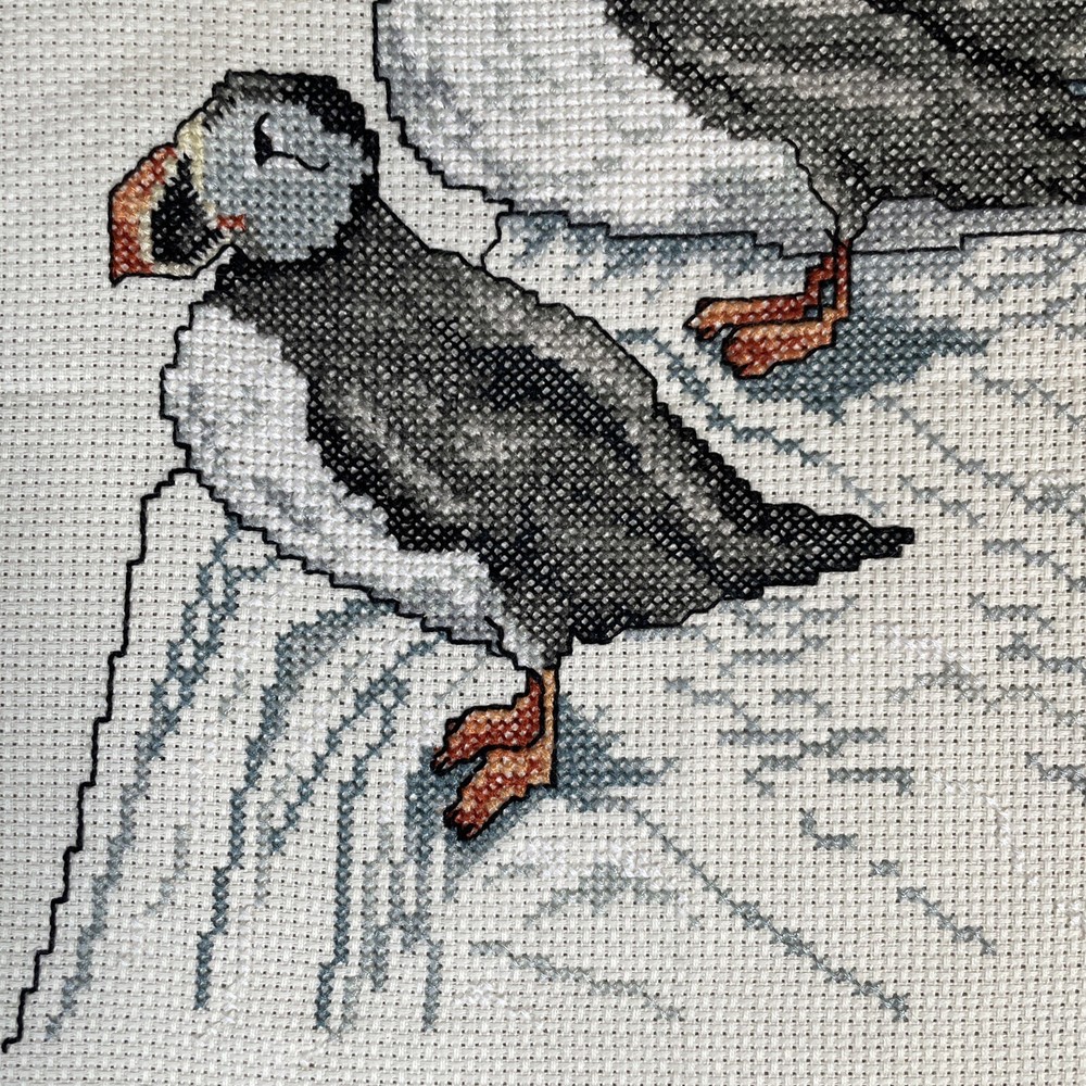 Finished Cross Stitch Puffins Unframed