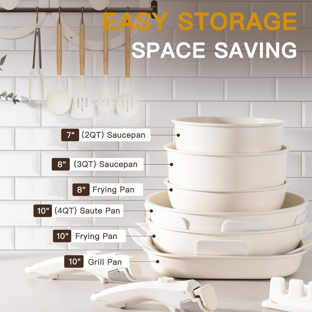 23 Pcs Pots and Pans Non Stick Ceramic Cookware Set Detachable Handle, Stackable