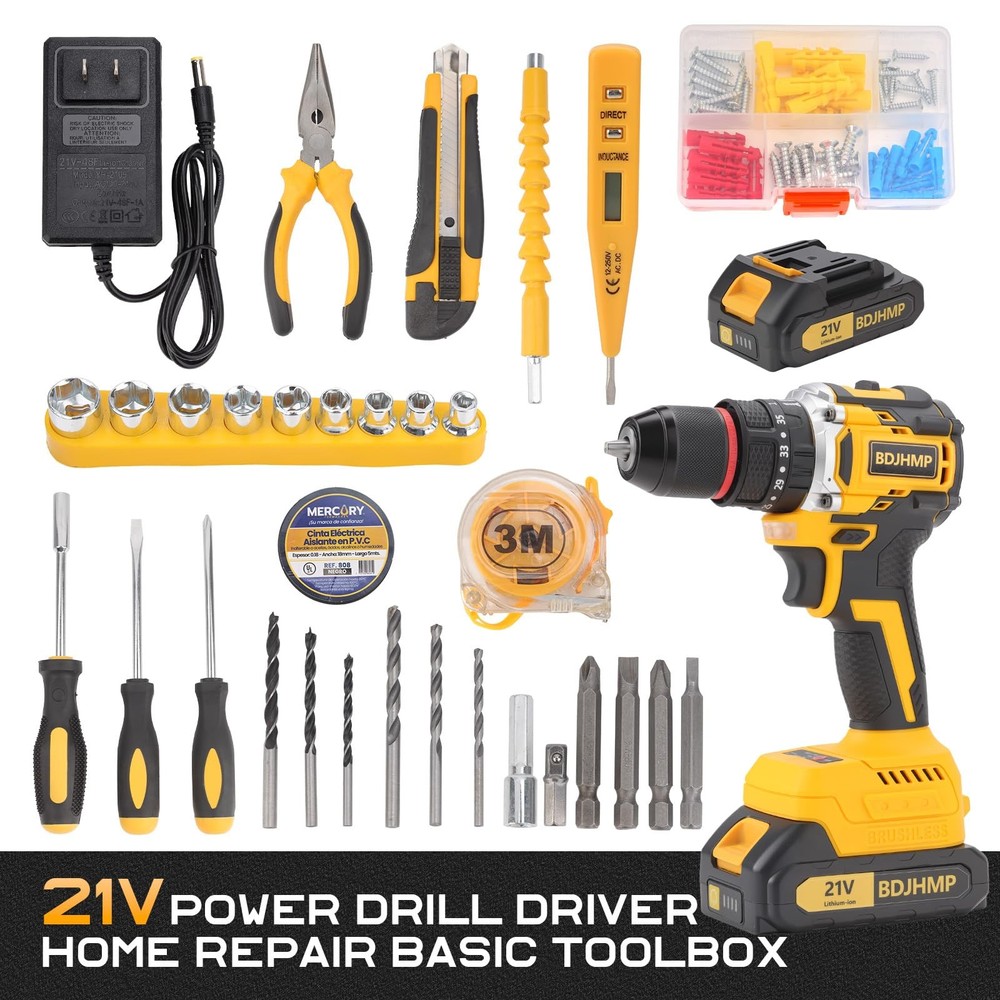 3/8" Brushless Compact Drill Tool Set, 85N.m 21V Cordless Drill Box with 2 * ...