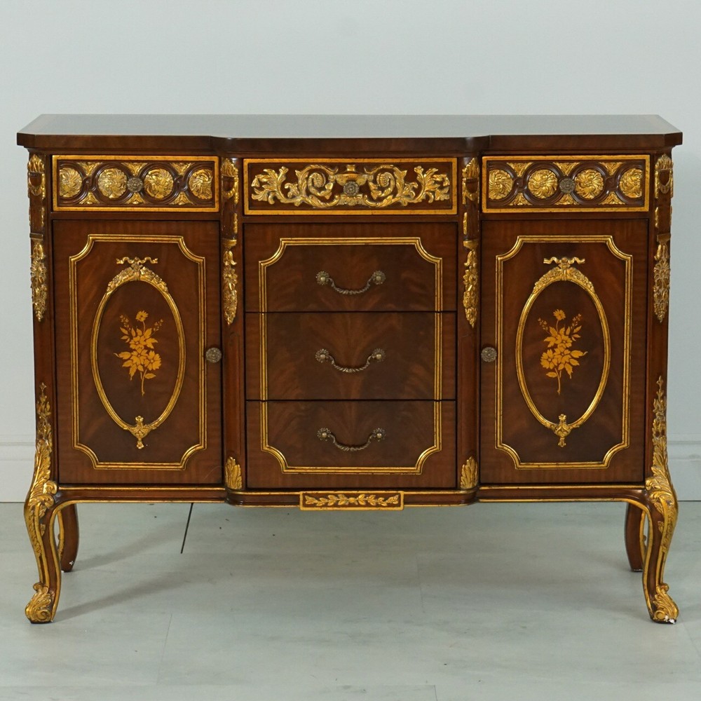 Server Sideboard Console Hand Carved Mahogany Gold Leaf and Inlay