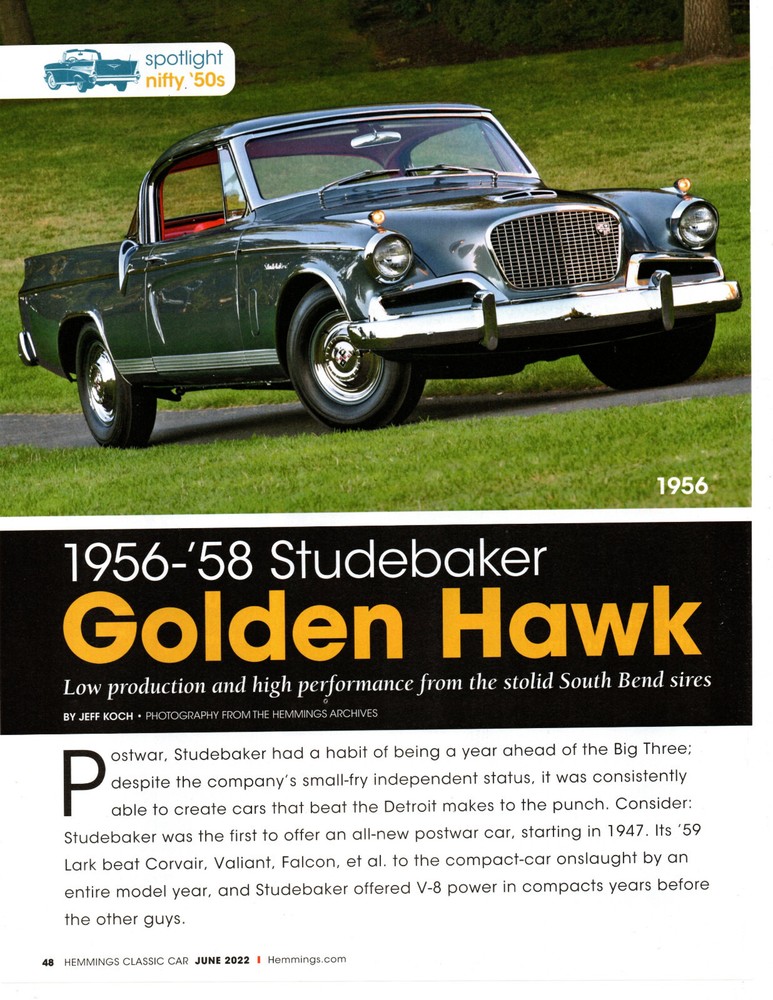 1956-1958 STUDEBAKER GOLDEN HAWK ~ GREAT 6-PAGE ARTICLE / AD