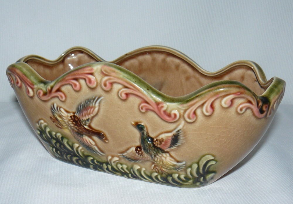 Vintage Square Oval Ruffle 9" Long Planter Crackle Ceramic Ducks In Flight