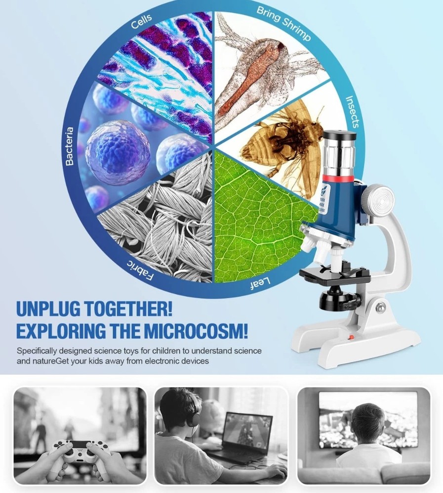 Kids Microscope Kit - 58 Pieces 100X-1200X Magnification LED Light