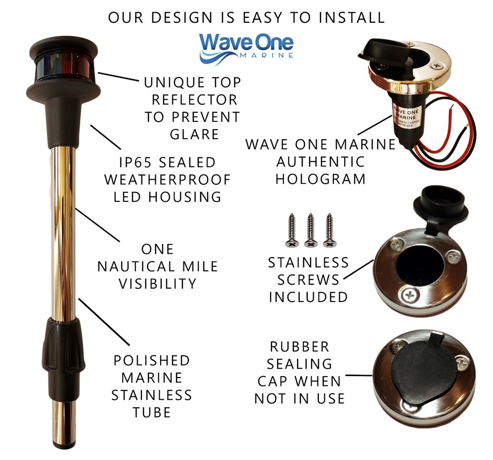 Wave One Marine | Bi-Color Removable LED Navigation Bow Light Pole + Base 12"