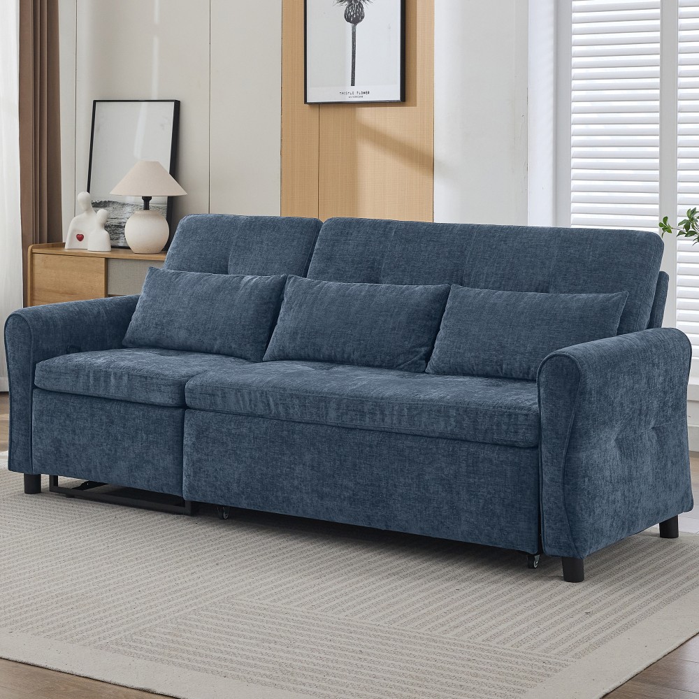 82" Blue Chenille Sofa Bed w/ Reversible Recliner, Adjustable Backrest, USB