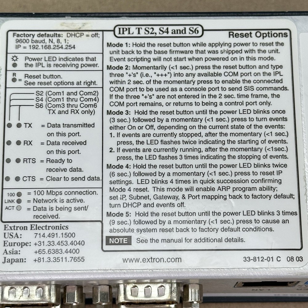 Extron IPL T S4 IP Link Ethernet Control Processor – 4× Serial Ports – Used