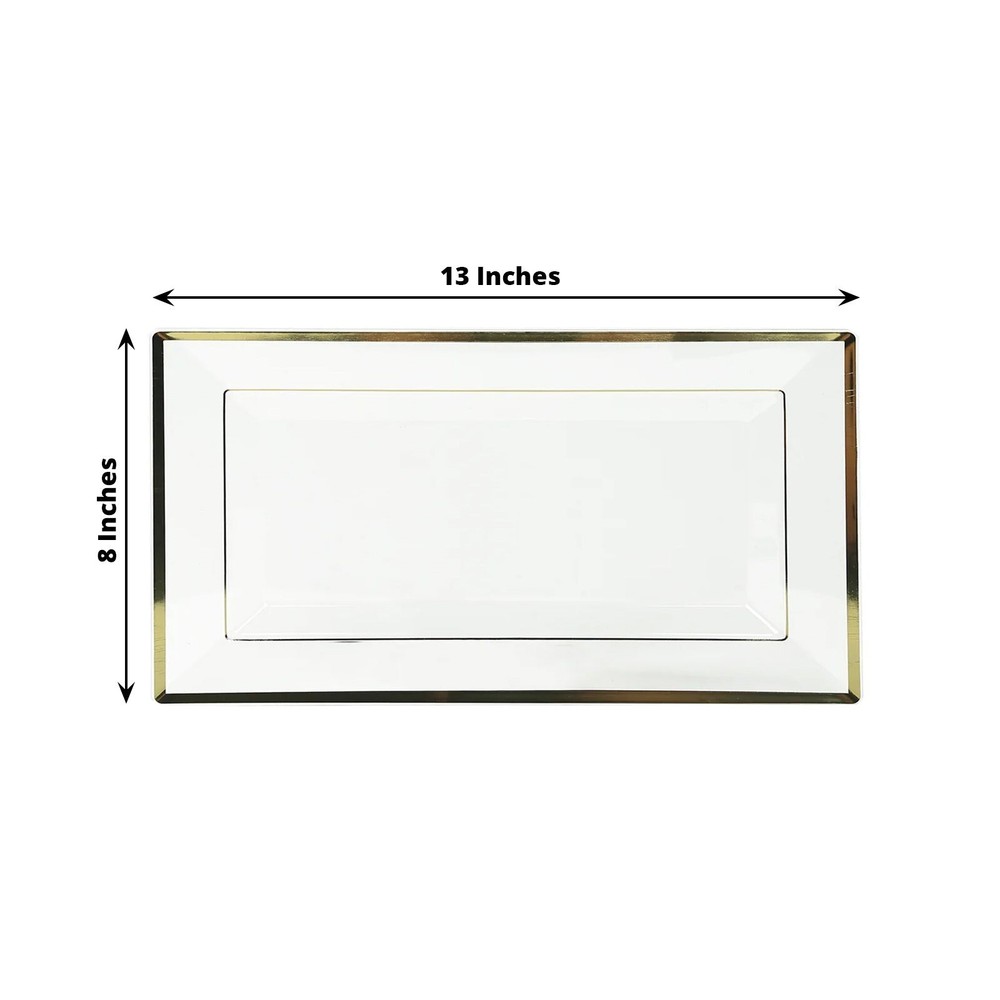 10 Clear Rectangular Plastic Serving Trays with Gold Rim Party Decorations