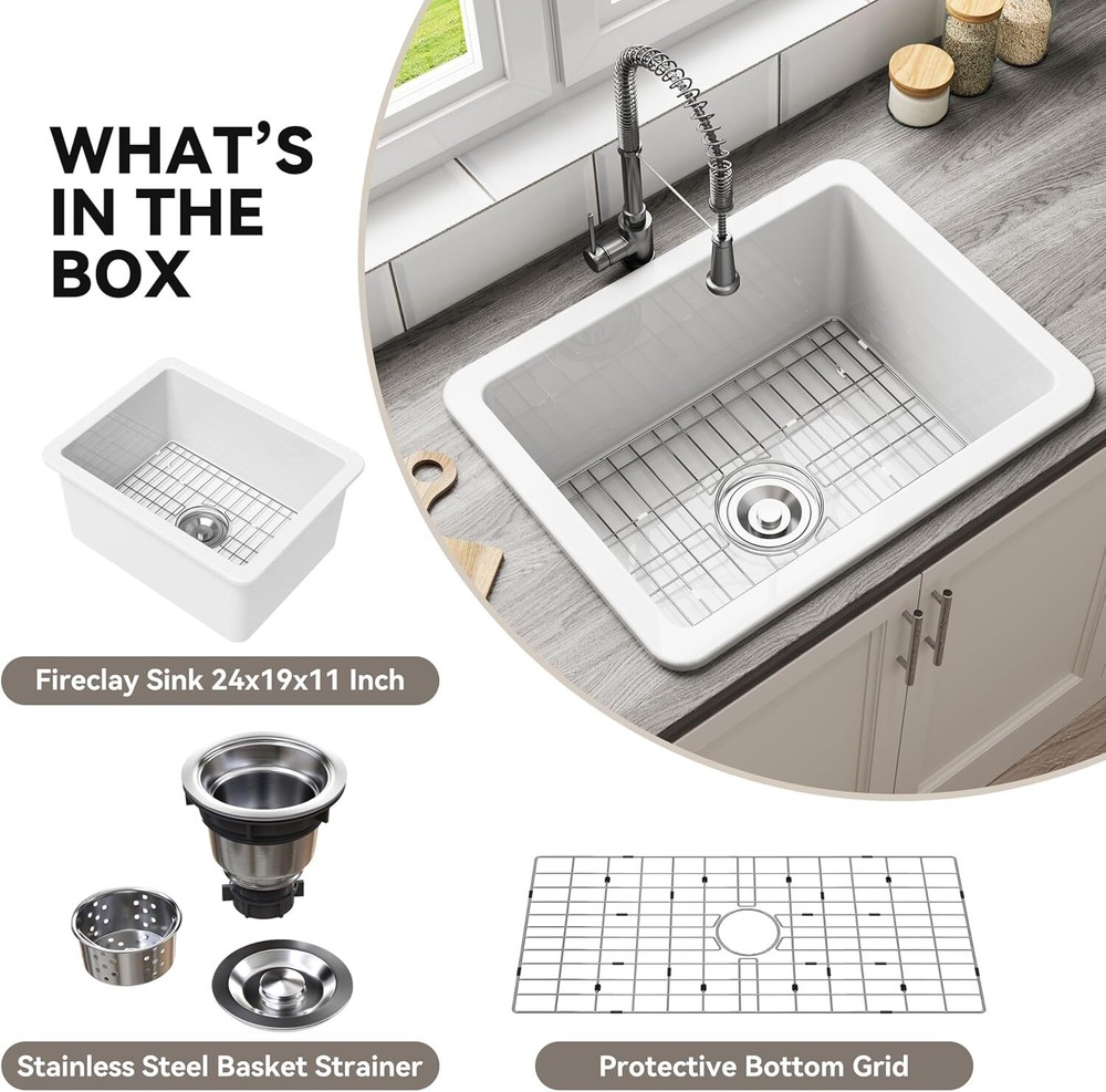 White 32'' Fireclay Undermount & Topmount Kitchen Sink, Drop-In Single Bowl Sink