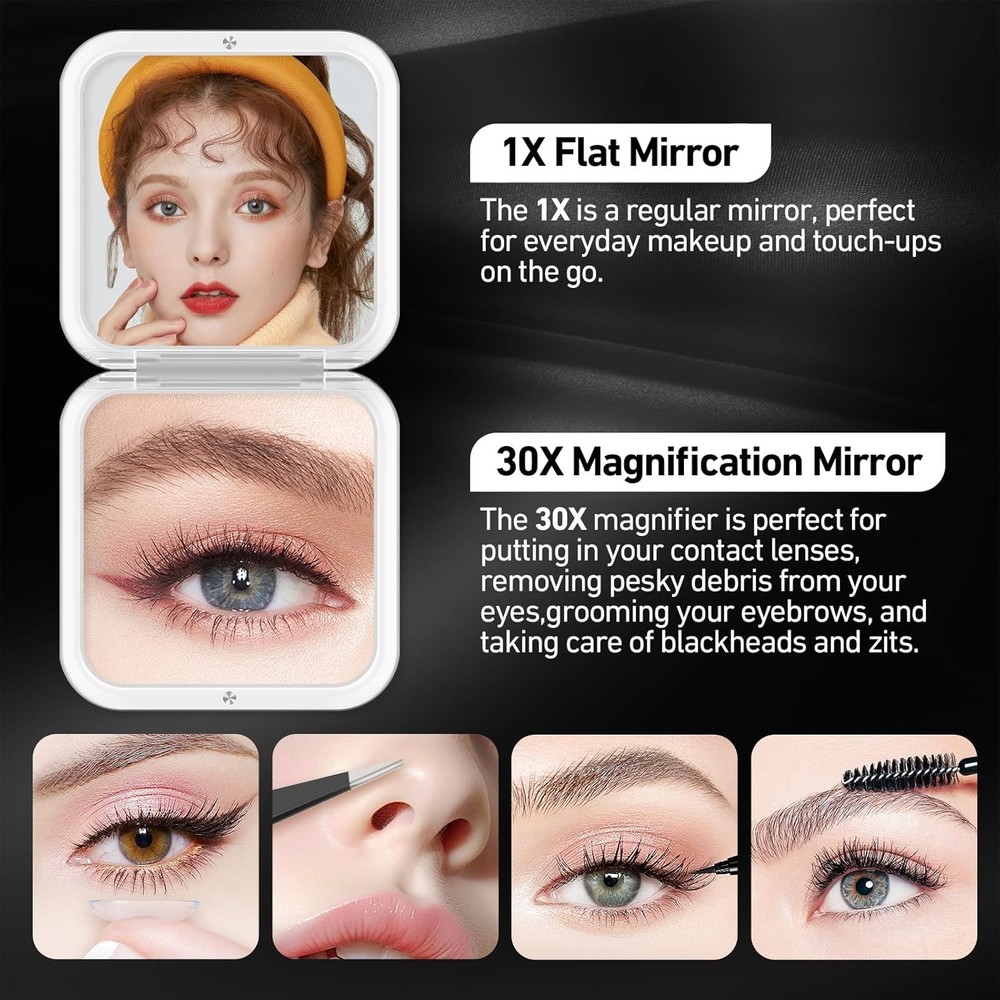 Compact Mirror, 30X Magnifying 3.2"L x 3.2"W, Pearlescent Black