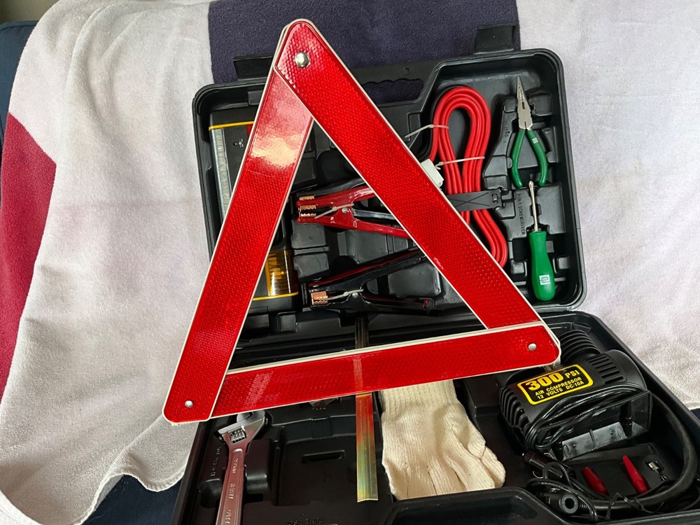 Vtg. NEW Enterprise Emergency Car Kit Jumper Cables Compressor Tools