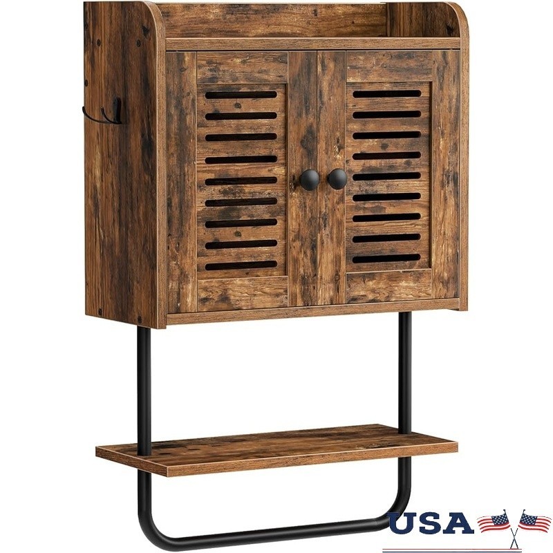 Wall Mounted Bathroom Cabinet W/ Shutter Doors Adjustable Shelf & Hooks New