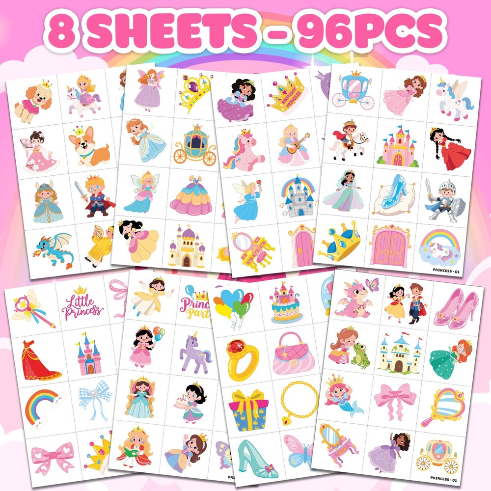 96 PCS Cute Princess Pre-Cut Temporary Tattoos for Kids | Medium, Multiple