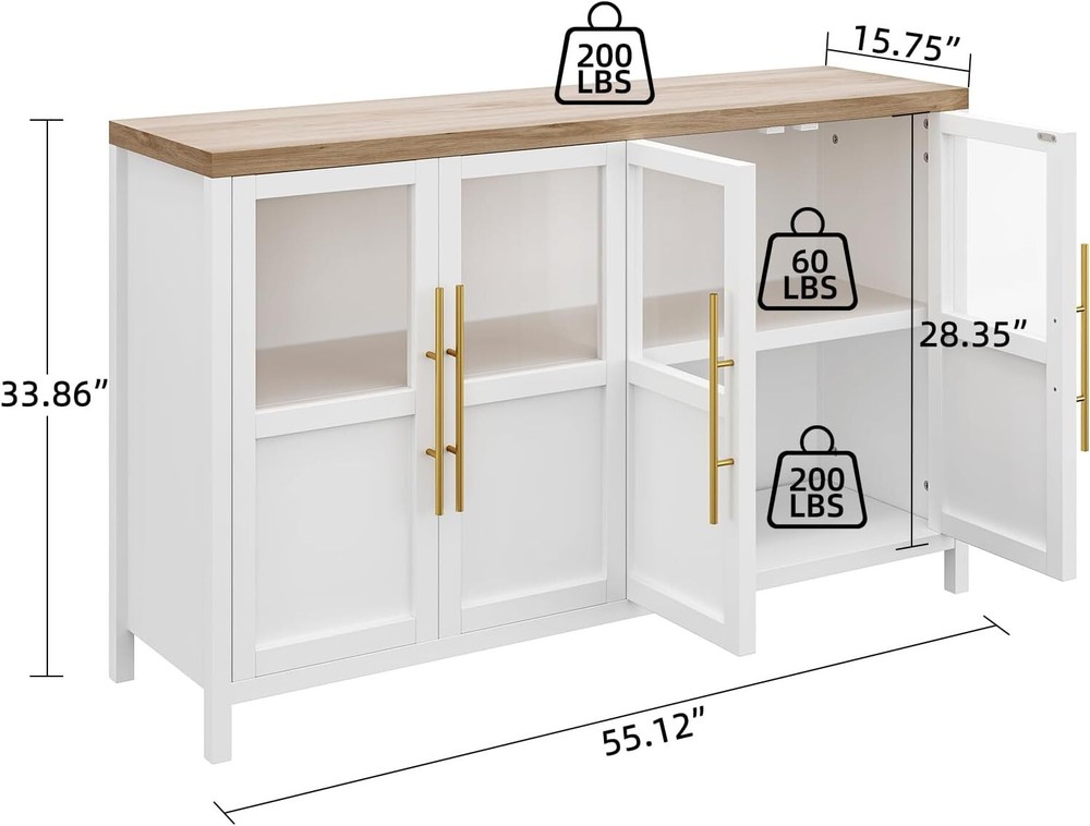 Sideboard Buffet Cabinet with Glass Doors, Large Modern Buffet Table Storage