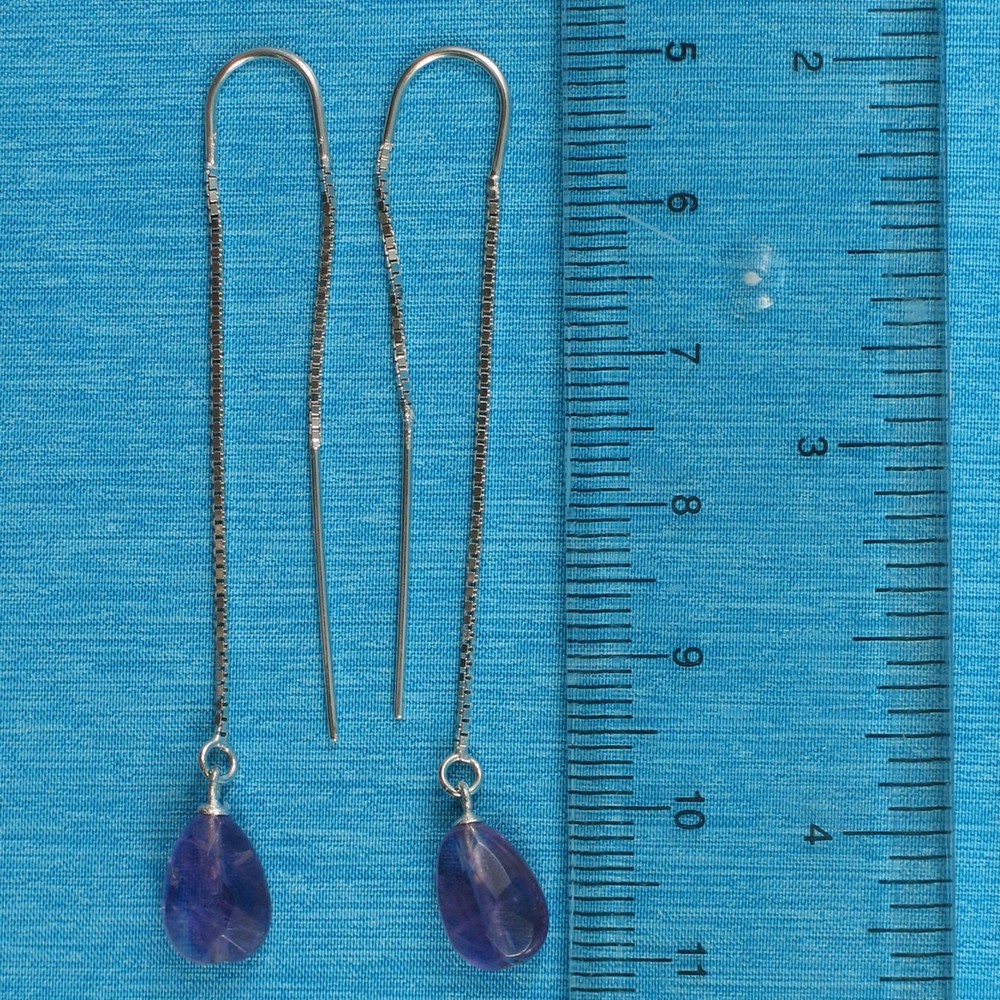Solid Silver 925 Box Chain Hook Faceted Drop Genuine Amethyst Dangle Earrings