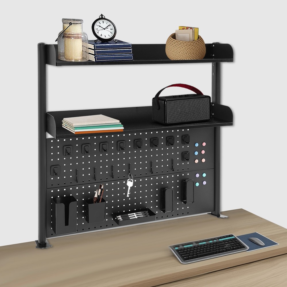 Premium Black Desktop Bookshelf with Adjustable Shelves & Pegboard Organizer