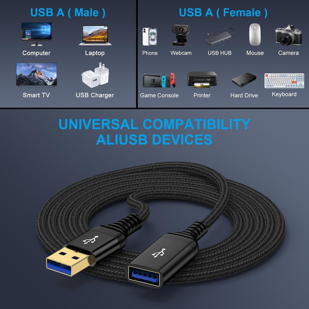 USB Extension Cable 6FT, 2 Pack Extender High Speed USB3.0 Black