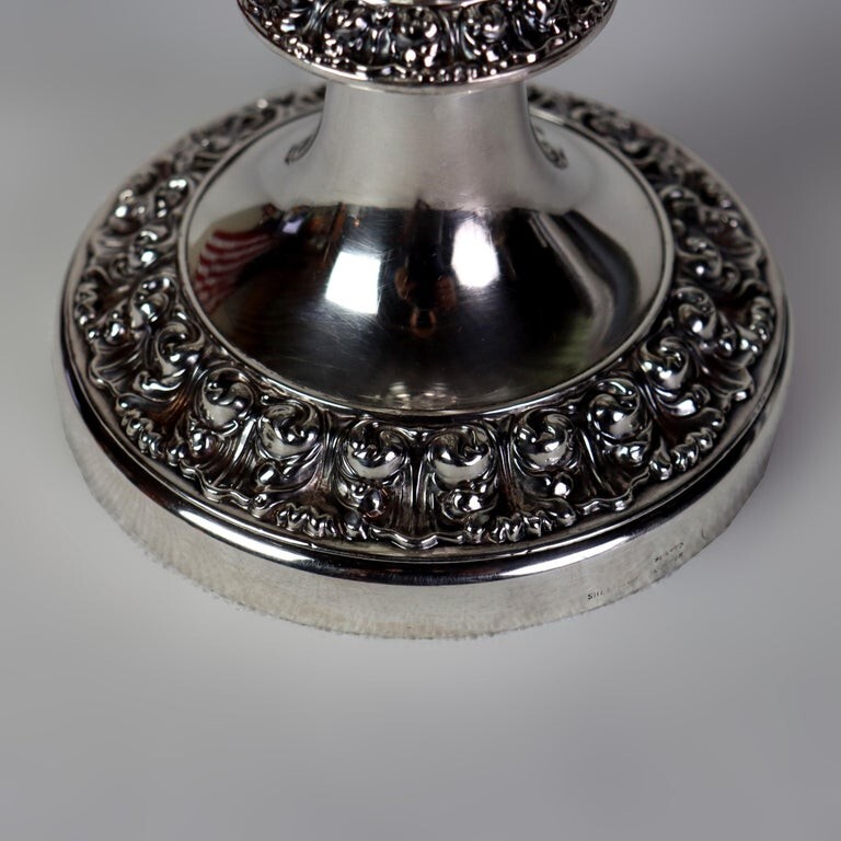 Embossed Silver Plate Candlestick with Grape & Leaf Etched Shade C1890