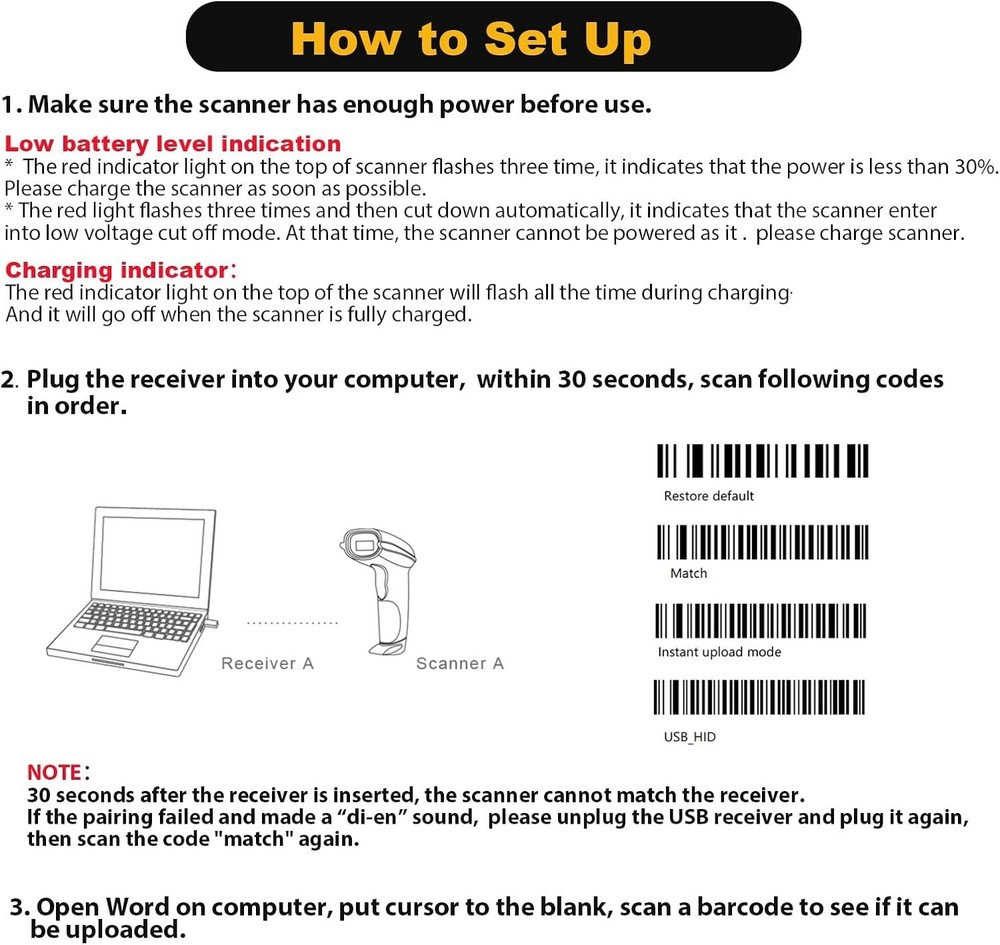 Handheld USB Barcode Scanner Wireless Automatic 1D Bar Code Reader Supermarket