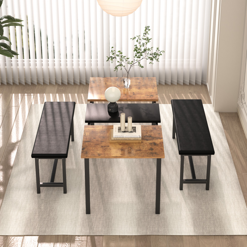 Extendable Dining Room Table Set +2 Benches Kitchen Wood Set for 4-6 Small Space