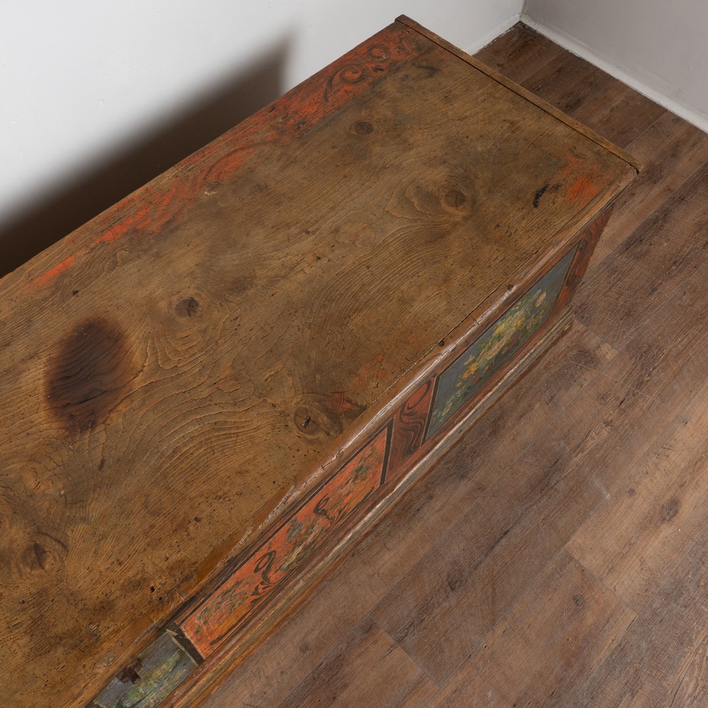 Long Narrow Hand Painted Pine Trunk Bench, Dated 1889