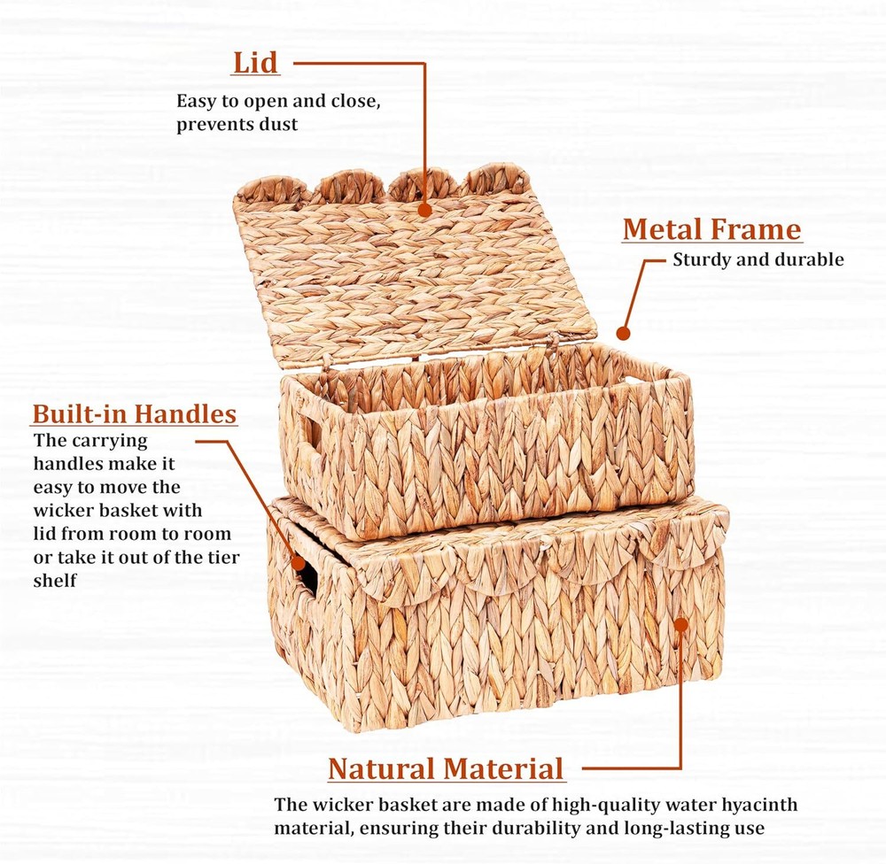 Rectangular wicker storage basket with built-in handles, set of 2