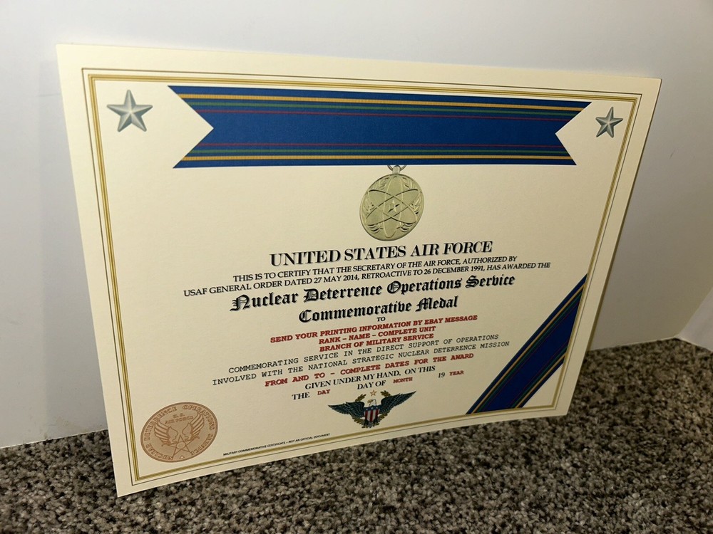 NUCLEAR DETERRENCE OPERATIONS MEDAL COMMEMORATIVE CERTIFICATE ~ W/PRINTING T-1