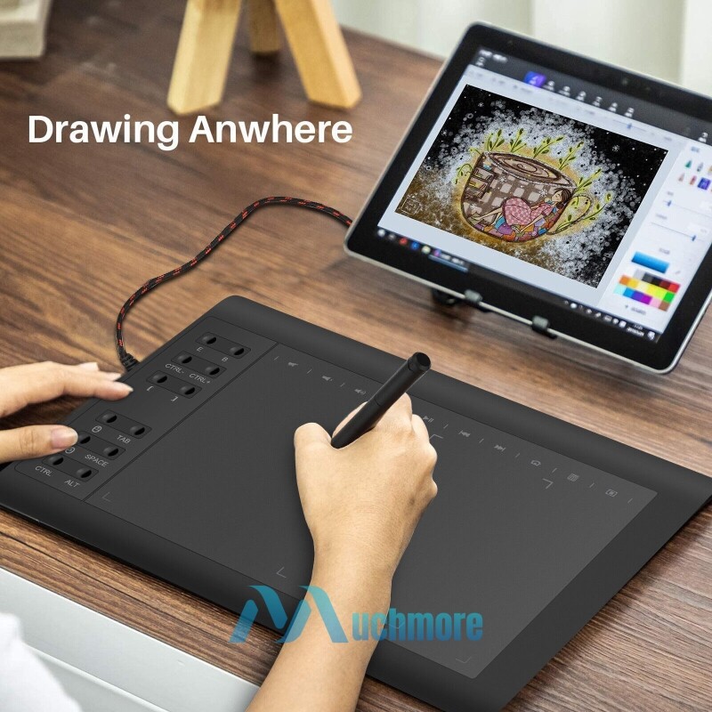 Graphics Drawing Tablet 10x6 inch Active Area 12 Hot Keys+Pen For PC/Mac/Android