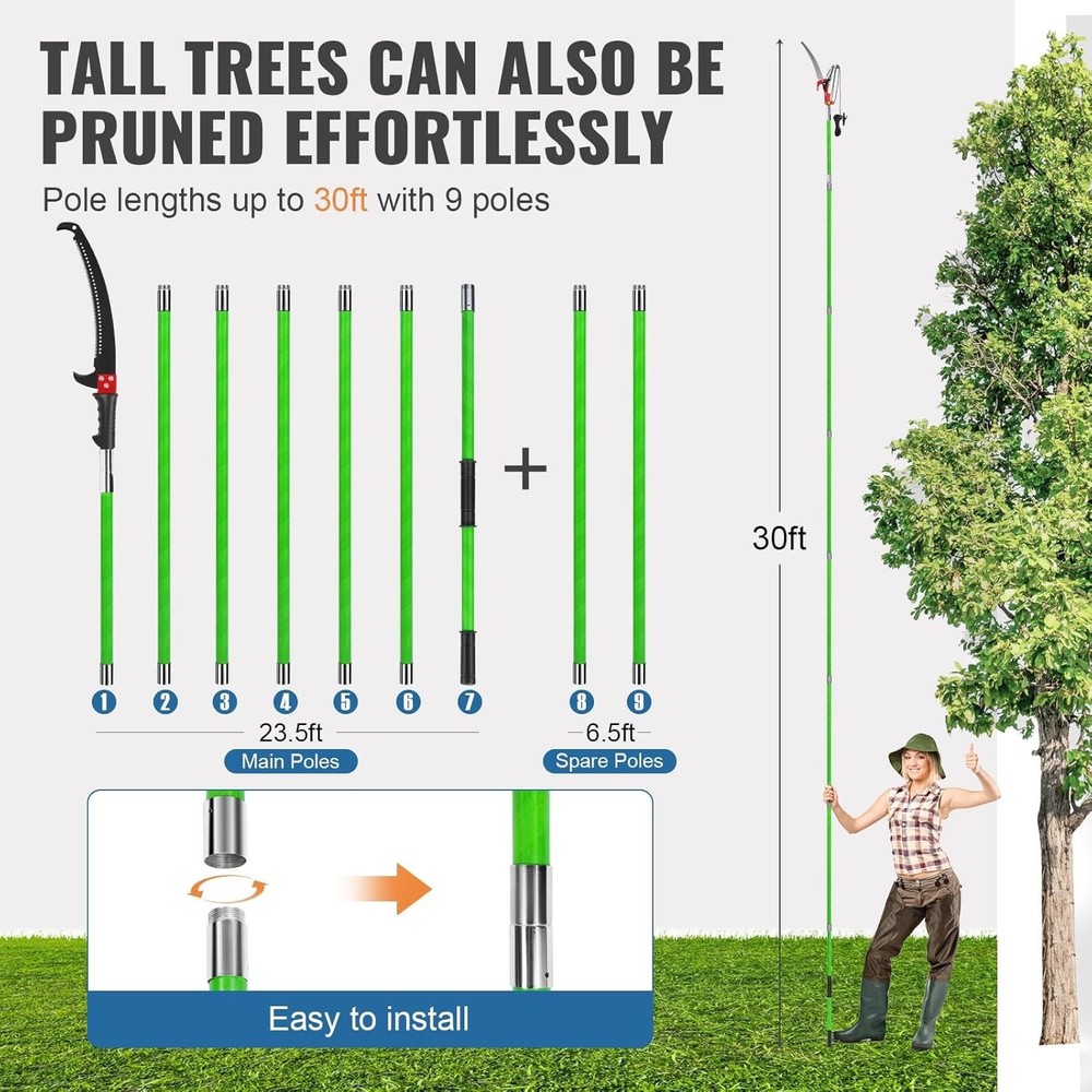 30 Ft Manual Pole Saw Extendable Tree Pruner Blade & Scissors Set W/ 9