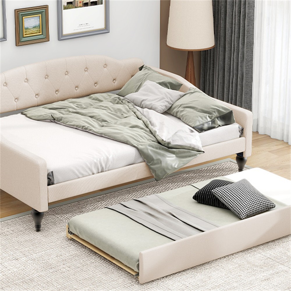 Full Size Daybed w/ Pull Out Trundle Bed Upholstered Bed Frame Sofa Bed Beige