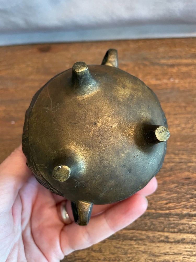 Foo Dog Incense Pot Brass with Elephant Handles