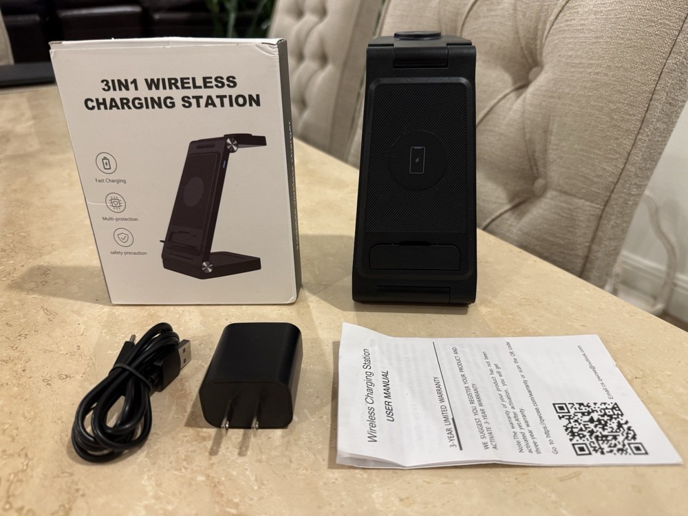3-in-1 Wireless Charging Station Fast Charging Dock For Apple/Android Device BLK