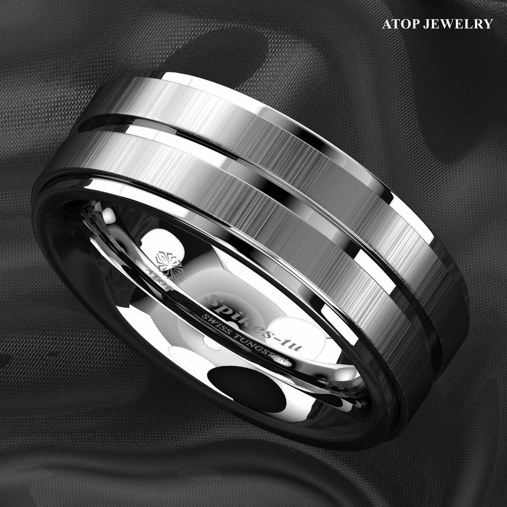 8Mm Silver Tungsten Carbide Ring Two Vertical Brushed Meteorite wedding band