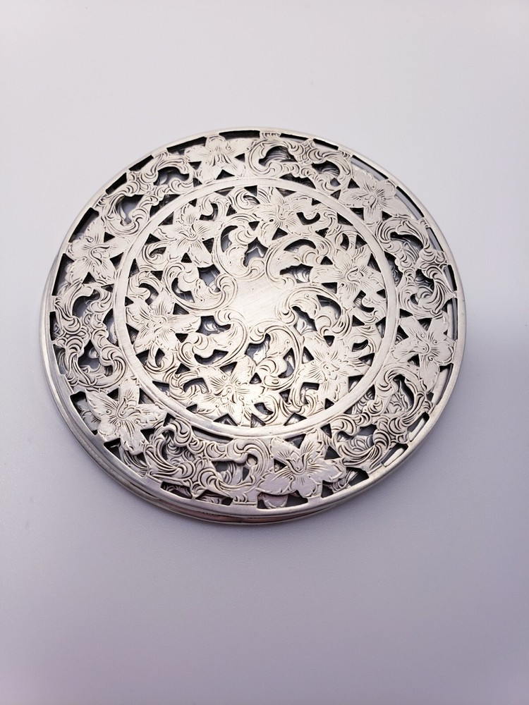 Sterling Silver Coaster Set Hand Engraved Floral Lace Pattern Bridal Champagne