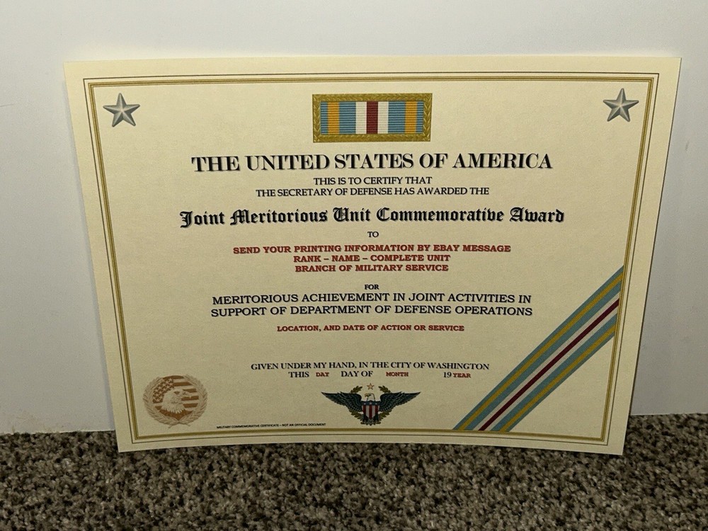 JOINT MERITORIOUS UNIT COMMEMORATIVE AWARD CERTIFICATE ~W/PRINTING T-1