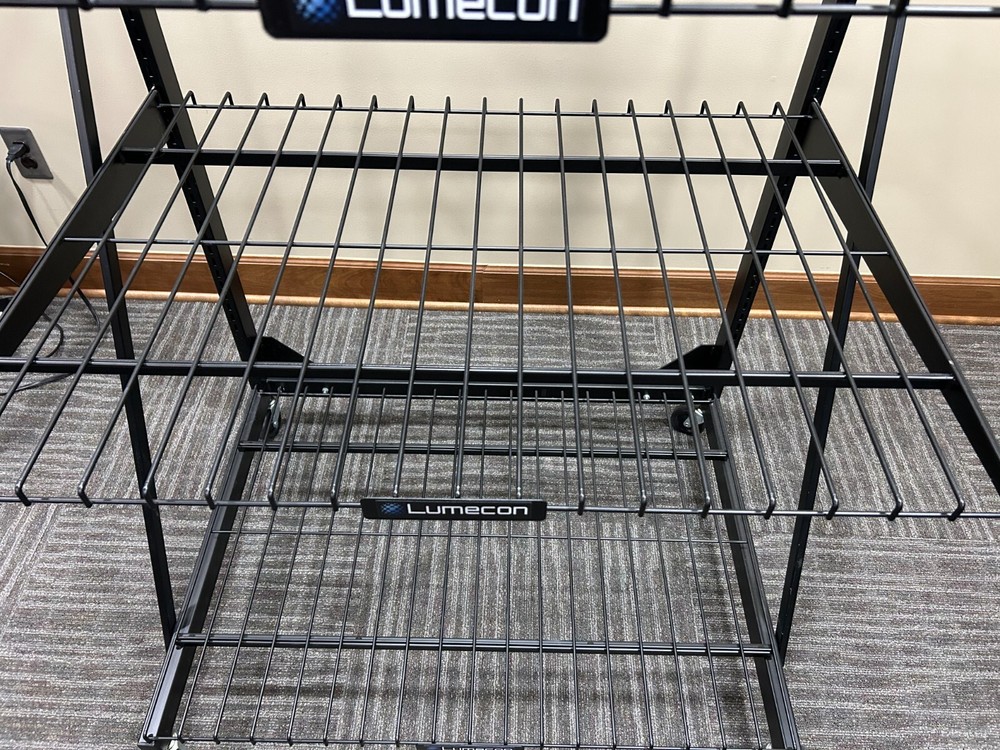 RETAIL ROLLING DISPLAY SHELVES WITH HEADER GRAPHIC FRAME