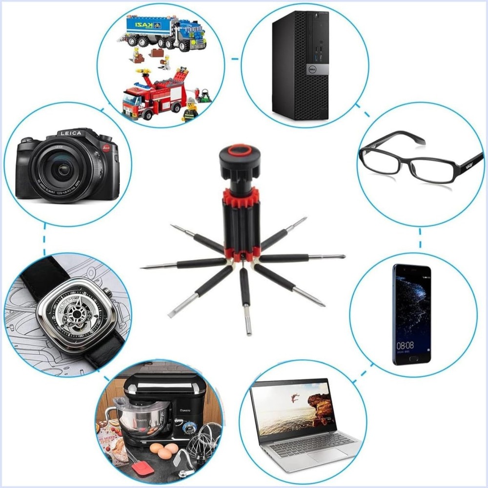 8-in-1 Multi-Function Screwdriver Set with 6 LED Flashlights, Assorted Bits