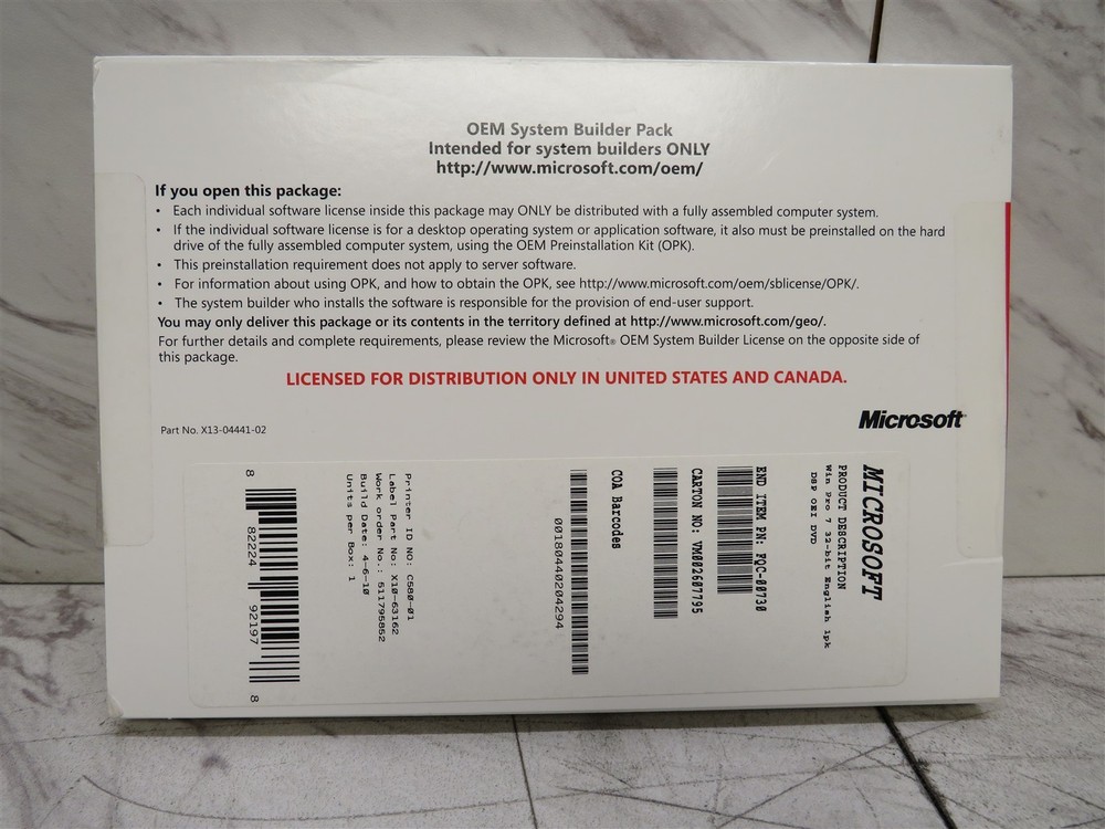 Microsoft Windows 7 Professional SP1 32-Bit OEM System Builder Pack DVD