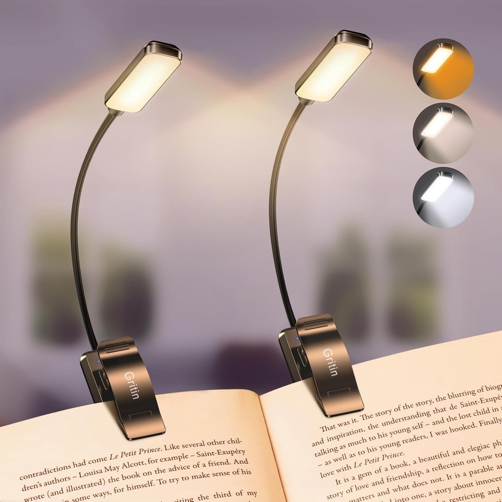 Gritin 2-Pack Rechargeable Clip-On Book Light, 3 Color Modes, Dimmable