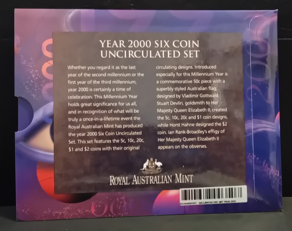 2000 Uncirculated UNC Australia 6 Coin Pack - 5 Cent -$2 50c Millennium Design