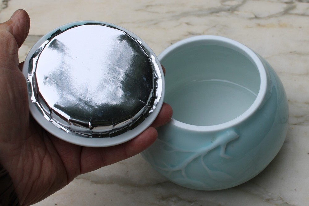 Ceramic Light Blue Pet Urn with Embossed Vines