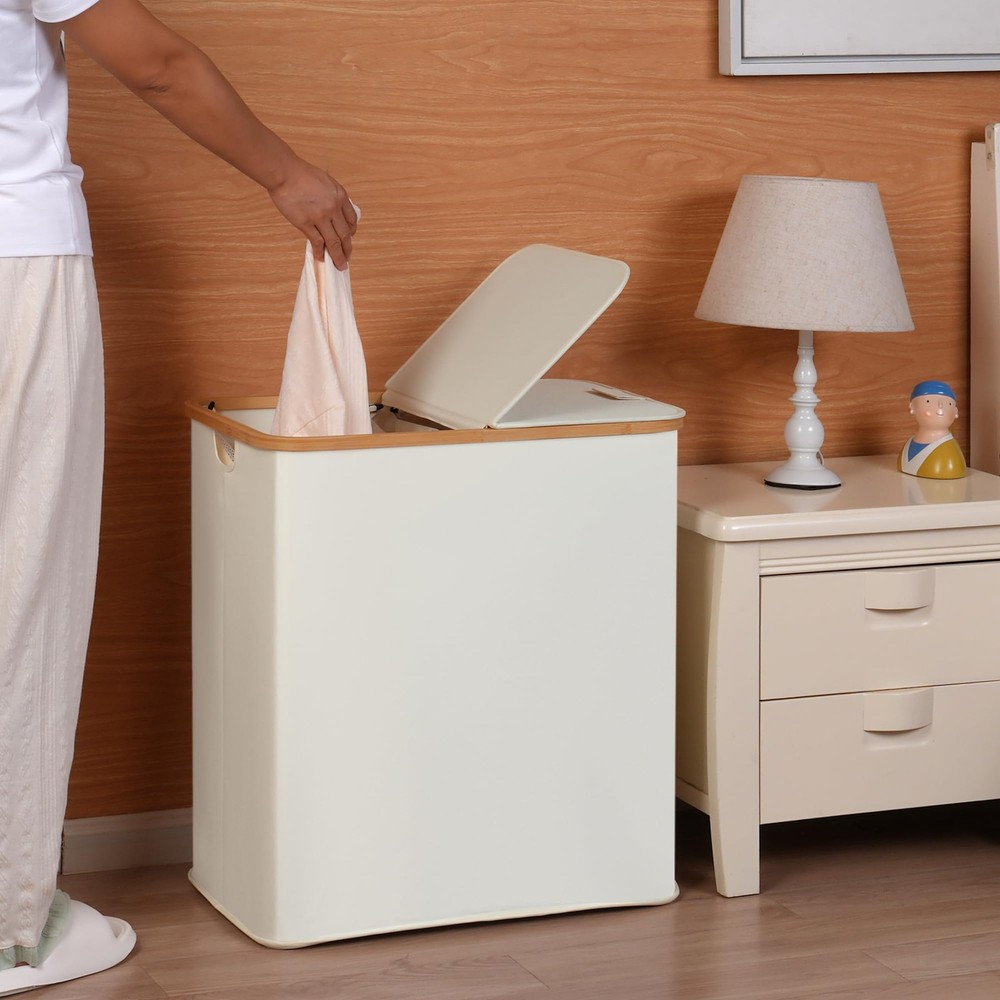 efluky Laundry Hamper with Lid, Double 2 140L Dual, Beige