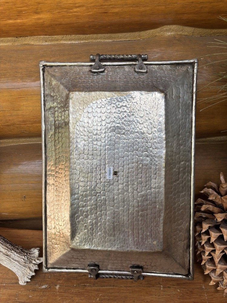 Large Vintage Rectangular Hammered BRASS Serving Tray INDIA Handles 18” X 13”