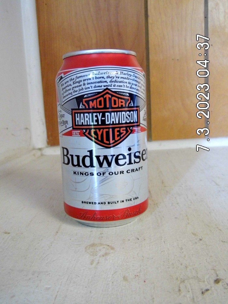 Budweiser Harley Davidson Motor Cycles Can EMPTY Red Crown Top Opened
