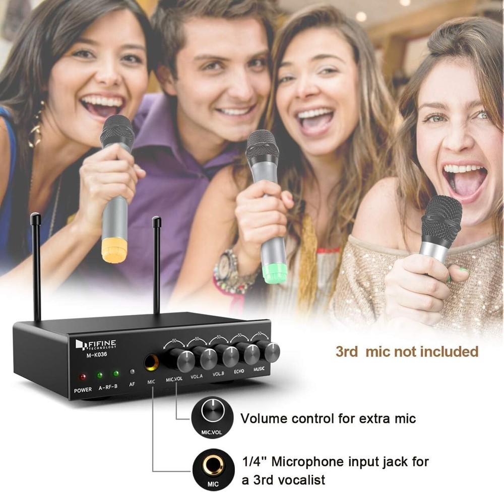 Easy-to-use Wireless Karaoke Microphone System - 2 Mics, 1 Receiver, Cables