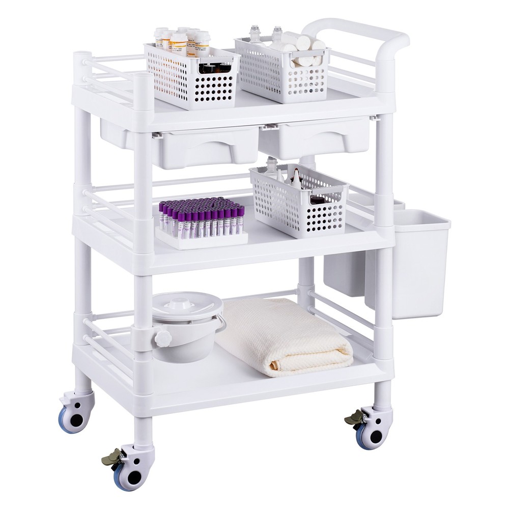 Rolling Lab Cart with 3 Trays & Trash Cans, Mobile Storage Trolley