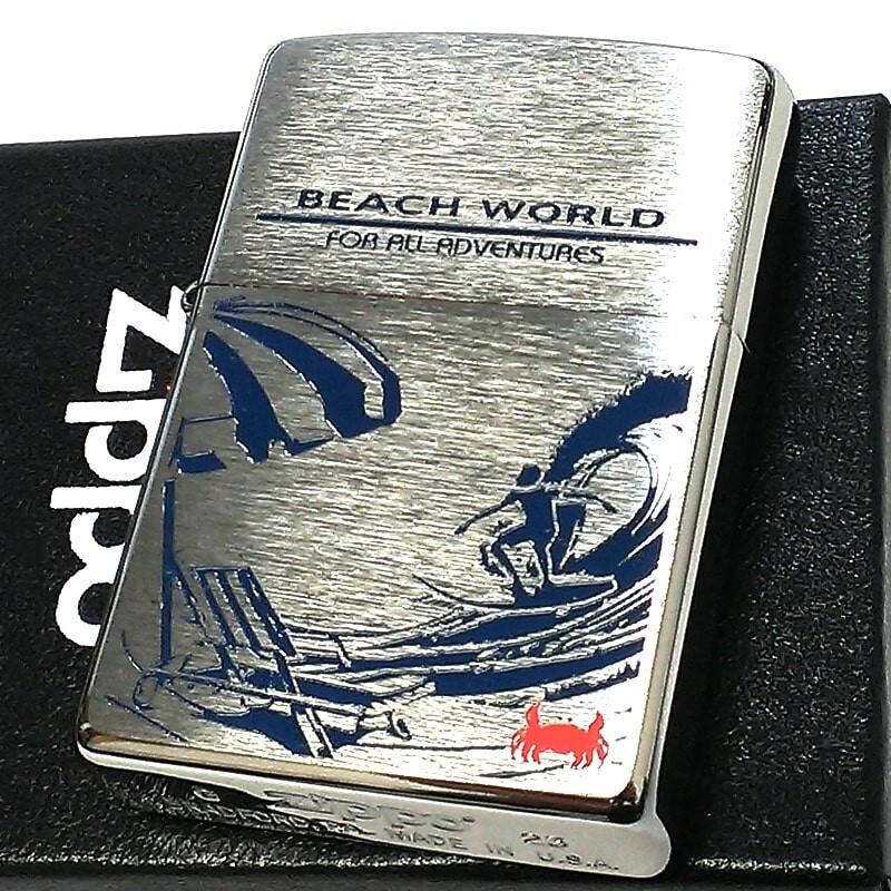 Zippo Beach World Surfing Silver Satin One Side Processing Etching Lighter Japan